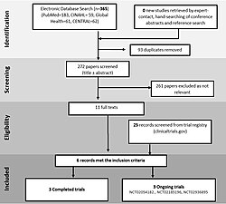 A grayscale flow diagram showing 365 studies considered for a meta-analysis being pared down to three
