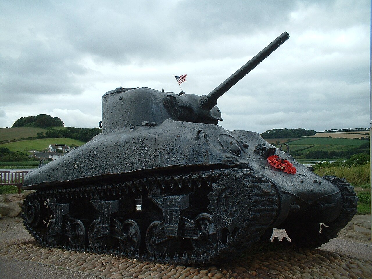 Sherman tank at memorial for those killed in Operation Tiger.JPG