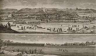 Print depicting view of town above, and view of bridge below