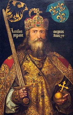 Charlemagne wearing the Imperial Crown of the Holy Roman Empire, by Albrecht Dürer, c. 1512. The crown was made a century and a half after Charlemagne's death.