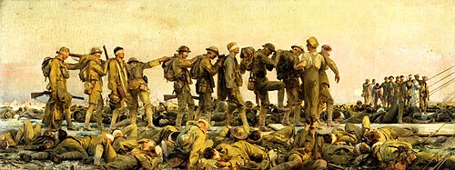 Painting of a line of soldiers walking apparently blind