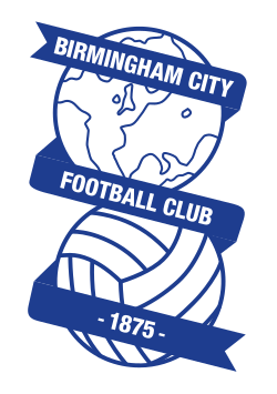 Badge of Birmingham City: a line-drawn globe above a football, with ribbon carrying the club name and year of foundation