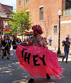 Person with large "they" banner in the streets of Boston, Massachusetts, USA