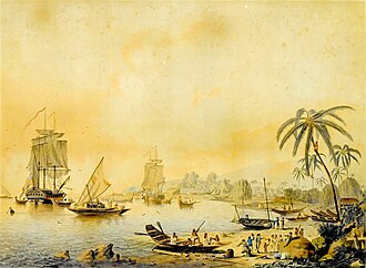 Two large wooden ships in a bay of Tahiti, with several Tahitian canoes