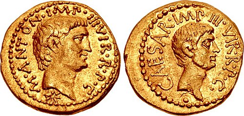 Issue by Antony and Octavian, 40 BC.