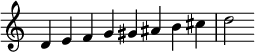 
{
\override Score.TimeSignature #'stencil = ##f
\relative c' {
  \clef treble \key c \major \time 8/4
  d4 e f g gis ais b cis d2
} }
