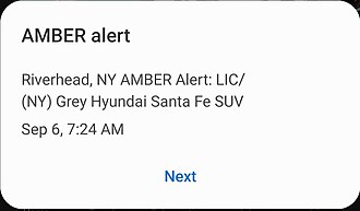 An amber alert on Android. An Amber alert on Android. Text reads in all caps "Riverhead, NY AMBER Alert: LIC/ [license plate removed] (NY) Grey Hyundai Santa Fe SUV".