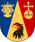 Head of St. Erik (Swedish: Erik den helige, patron saint of Stockholm) couped and crowned Or, and a griffin's head erased sable armed and langued gules, in the arms of Stockholm County