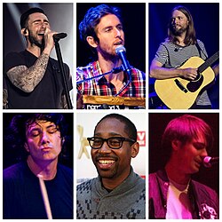 Lineup of Maroon 5 since 2020. Clockwise from top left: Adam Levine, Jesse Carmichael, James Valentine, Sam Farrar, PJ Morton, Matt Flynn