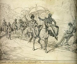 Tourists riding in panniers in France, in a drawing by Louis Hersent, 1833