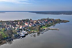 Aerial view of the town center and Nowe Warpno Bay