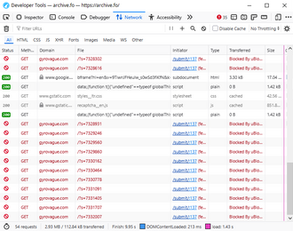 Screenshot of LibreWolf's developer tools on the "Network" tab, with multiple automated connections to "gyrovague.com" made by a JavaScript script (all of them are blocked by uBlock Origin browser extension)