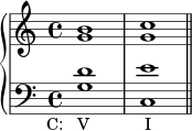 
   \new PianoStaff <<
      \new Staff <<
         \new Voice \relative c'' {
             \stemUp \clef treble \key c \major \time 4/4
             b1 c 
             }
         \new Voice \relative c'' {
             \stemDown
              g1 g
              }
            >>
     \new Staff <<
         \new Voice \relative c' {
             \stemUp \clef bass \key c \major \time 4/4
             d1 e
             }
         \new Voice \relative c' {
             \stemDown
             g1_\markup { \concat { \translate #'(-4 . 0) { "C:   V" \hspace #7 "I" } } }
             c, \bar "||"
             }
         >>
    >>
