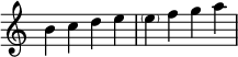 {
\override Score.TimeSignature #'stencil = ##f
\relative c'' {
\time 4/4
b c d e \parenthesize e f g a
} }