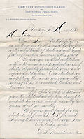 Example of classic American business handwriting known as Spencerian script (1884)