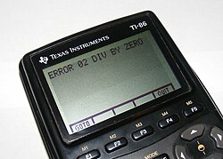 A TI-86 displaying the message: ERROR 02 DIV BY ZERO