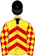 Yellow, red chevrons, red sleeves, yellow diamonds, black cap