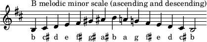 \header { tagline = ##f }
scale = \relative b { \key b \minor \omit Score.TimeSignature
b^"B melodic minor scale (ascending and descending)" cis d e fis gis ais b a! g! fis e d cis b2 }
\score { { << \cadenzaOn \scale \context NoteNames \scale >> } \layout { } \midi { } }