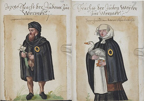 Painting of Jews in 16th Century Germany wearing circular yellow badges.[c]