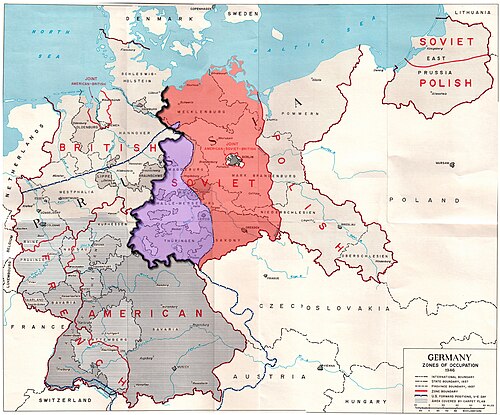 Map showing the Allied zones of occupation in post-war Germany and the line of US forward positions on V-E Day. The south-western part of the Soviet occupation zone, close to a third of its area, was west of the US forward positions on V-E day.