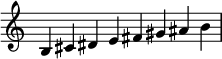 {
\omit Score.TimeSignature \relative c' {
\time 2/1 b cis dis e fis gis ais b} }