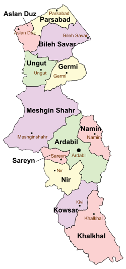 Location of Nir County in Ardabil province (bottom, yellow)