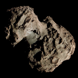 Comet 67P/Churyumov–Gerasimenko in enhanced colour, as imaged by ESA's Rosetta spacecraft in 2015