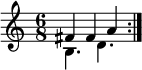 \new Staff <<
\clef treble
\time 6/8
\new Voice \relative c' {
\stemUp \repeat volta 2 { fis4 fis a }
}
\new Voice {
\stemDown \repeat volta 2 { b4. d' }
}
>>