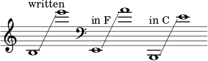 
    {
      \new Staff \with { \remove "Time_signature_engraver" }
      \clef treble \key c \major ^ \markup "written" \cadenzaOn
      b1 \glissando e'''1
      \clef bass ^ \markup "in F" e,1 \glissando a'1
      \clef bass ^ \markup "in C" b,,1 \glissando e'1
    }
  