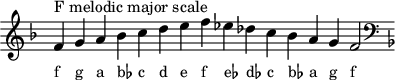 \header { tagline = ##f }
scale = \relative f' { \key f \major \omit Score.TimeSignature
f^"F melodic major scale" g a bes c d e f es des c bes a g f2 \clef F \key f \major }
\score { { << \cadenzaOn \scale \context NoteNames \scale >> } \layout { } \midi { } }