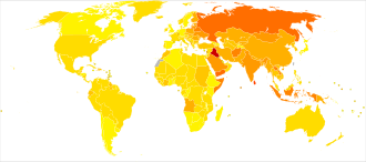Disability-adjusted life year for falls per 100,000 inhabitants in 2004.[39]   no data   less than 40   40–110   110–180   180–250   250–320   320–390   390–460   460–530   530–600   600–670   670–1000   more than 1000