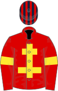 RED, yellow cross of lorraine and armlet, red and dark blue striped cap