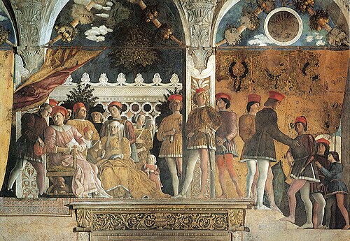 Fresco. A close-up view of richly dressed middle-aged couple seated on a terrace with their family, servants and hound. The man discusses a letter with his steward. A little girl seeks her mother's attention. The older sons stand behind the parents. The space is restricted and crowded in a formal manner, but the figures are interacting naturally.