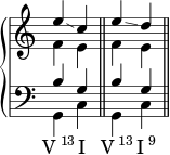 \new PianoStaff <<
\new Staff \fixed c' {
\omit Score.TimeSignature \time 2/4
<< { e'\glissando c' e'\glissando d' } \\ { f e f e } >>
}
\new Staff { \clef bass << { b g b g } \\ { g, c g, c } >> }
\new Lyrics \lyricmode {
\markup { V \super 13 } I \bar "||"
\markup { V \super 13 } \markup { I \super 9 } \bar "||"
}
>>