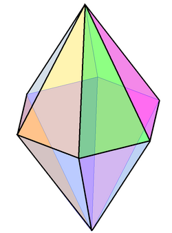 Hexagonal bipyramid: a bipyramid with twelve isosceles triangles, obtained by attaching two hexagonal pyramids base-to-base.[22] If both affixed pyramids have regular bases and apices perpendicular to the center of their base, the bipyramid has D6h symmetry of order 24.[23] Like any other bipyramids, the hexagonal bipyramid is face-transitive and the dual of hexagonal prism.[24][25]