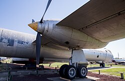 The 4-wheel bogie of a retired RB-36H is pictured from the outboard side.
