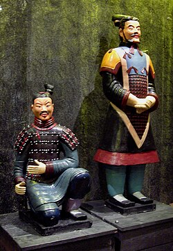 Terracotta Army soldiers in colours wearing shangru under their daru with ku trousers, Qin dynasty.