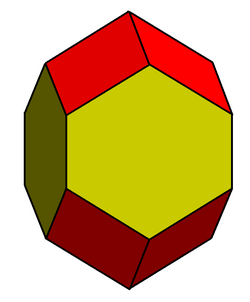 Rhombo-hexagonal dodecahedron (also known as "elongated dodecahedron"): a polyhedron with eight rhombi and four equilateral hexagons. it has D4h symmetry of order 16. It is one of five Federov polyhedra or parallelohedra, generated to create its honeycomb.[31]