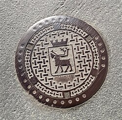 Coat of arms of Tromsø in the centre of a manhole cover