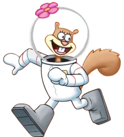 A light brown smiling cartoon squirrel wears a white diving suit with a pink flower on her clear helmet.