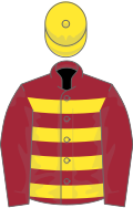 Maroon, yellow hoops, maroon sleeves, yellow cap