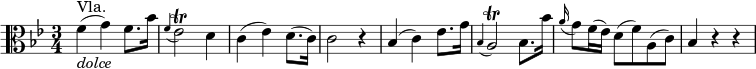 { \relative f' { \key bes \major \time 3/4 \clef "alto"
f4( ^"Vla." _\markup { \italic "dolce" } g) f8. bes16 | \appoggiatura f4 es2 \trill d4 |
c4( es) d8.( c16) | c2 r4 | bes4( c) es8. g16 | \appoggiatura bes,4 a2 \trill bes8. bes'16 |
\appoggiatura a16 g8 f16( es) d8( f) a,( c) | bes4 r r }}
\layout { \context {\Score \override SpacingSpanner.common-shortest-duration = #(ly:make-moment 1/8) }} 