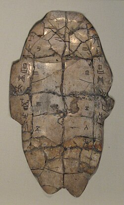 An off-white, ovular turtle shell with an inscription in ancient Chinese