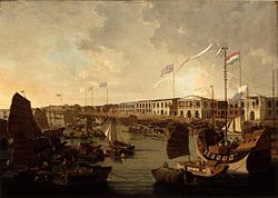 An oil painting of European and Chinese ships docked at a trading port