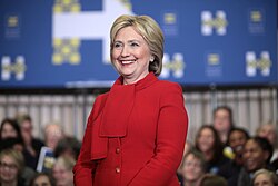 Clinton speaking at an event in Des Moines, Iowa, during her second presidential campaign.