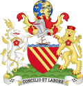 A coat of arms with a lion and a unicorn holding a red shield with three yellow diagonal stripes. Beneath the words "CONCILIO ET LABORE" are written, and at the top there is a globe sitting on top of a knight's helmet.