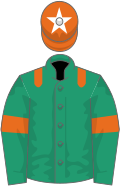 Emerald green, orange epaulettes and armlet, orange cap, white star