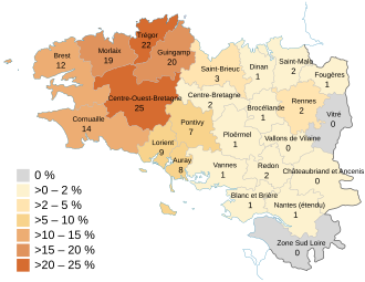 Map showing the percentage of Breton speakers in each region of Brittany, 2018