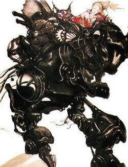 An Art Nouveau and surrealist style painting of a blonde girl in colorful clothes atop a large dark bipedal robotic mount.