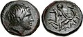 Head of Achilles depicted on a fourth-century BCE coin from Kremaste, Phthia. Reverse: Thetis, wearing and holding the shield of Achilles with his AX monogram
